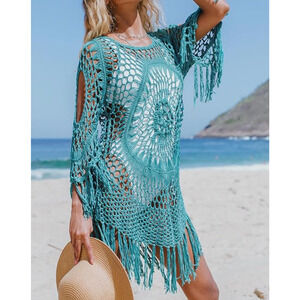 Cupshe Cut Out Flared Sleeves Bohemian Beachwear Cover Up Dress M/L Green Aqua